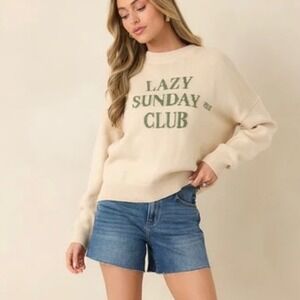 Sunday Edition Lazy Sunday Club Graphic Knit Sweater Cream Green‎ Medium